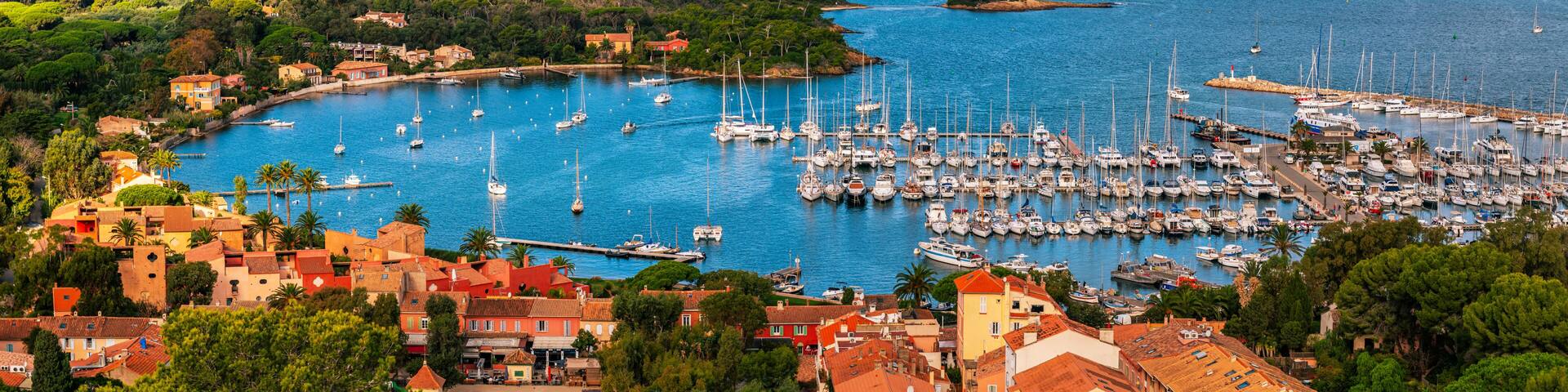 Panoramic view of the port of Porquerolles Island, from Fort Sainte Agathe, in the Port Cros National Park, Var, in Provence, France