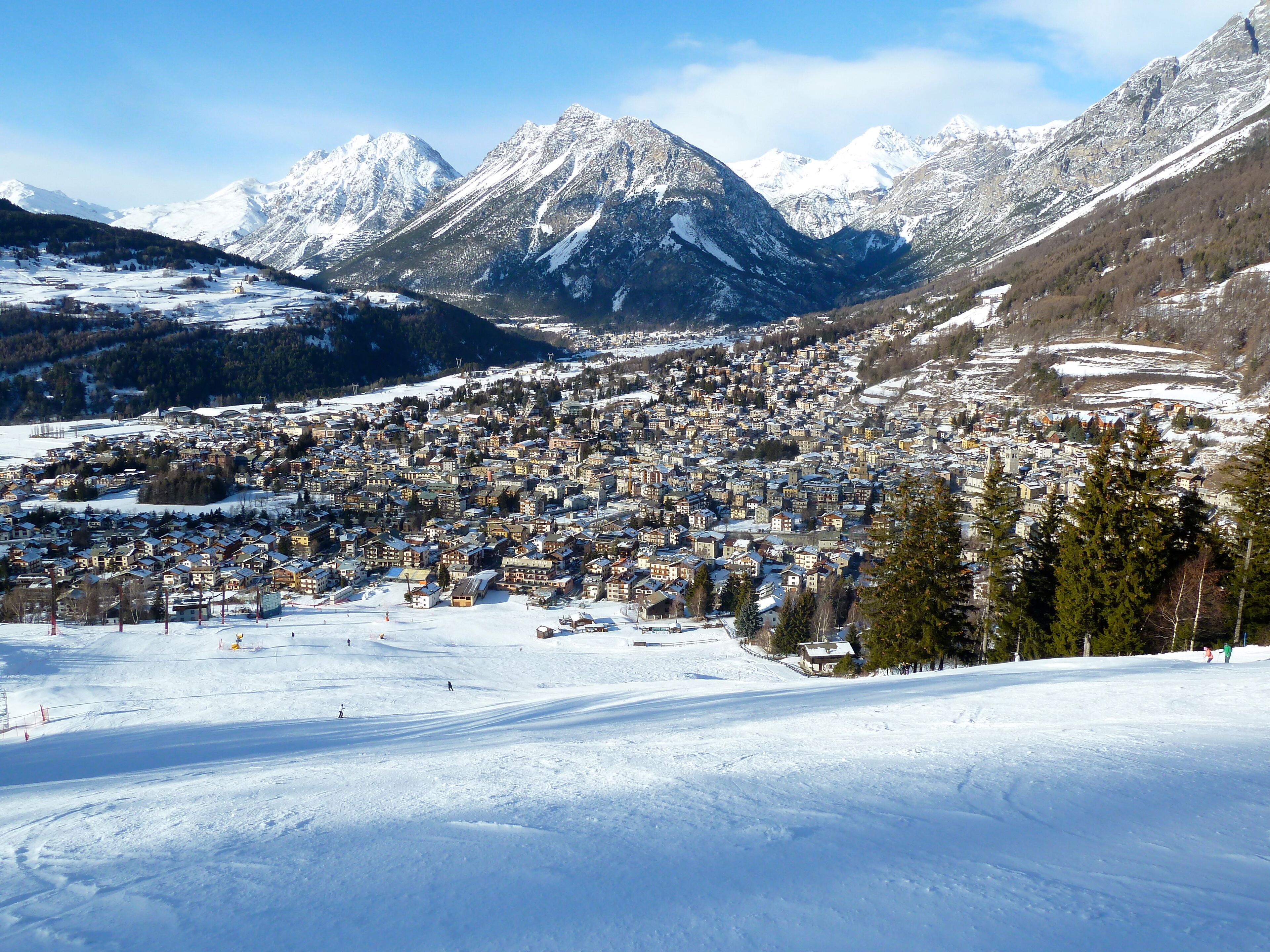 View from Stelvio slope, alps mountain ski skiing resort, Bormio