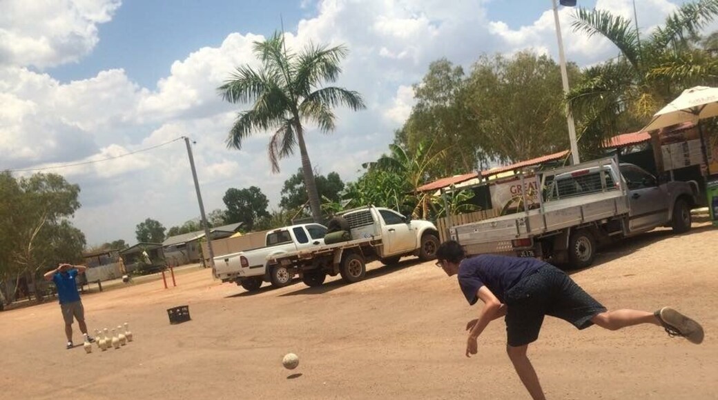 Oh and there's some flintstones style bowling with rocks!