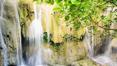 Panoramic mature trees and milky falls at Thac Voi waterfall, Thanh Hoa, Vietnam