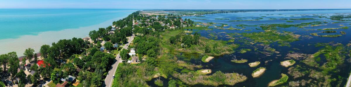 Aerial panorama of the town of Long Point, Ontario, Canada
