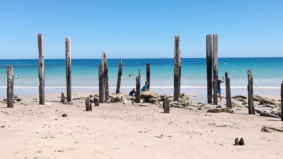 This is just one of the many stunning beaches in South Australia. I love the contrast between the white sand of the beach and the rich #blue of the sea. The wooden piles are the ruins of a jetty and are now a favourite playground for kids. #LifeAtExpedia