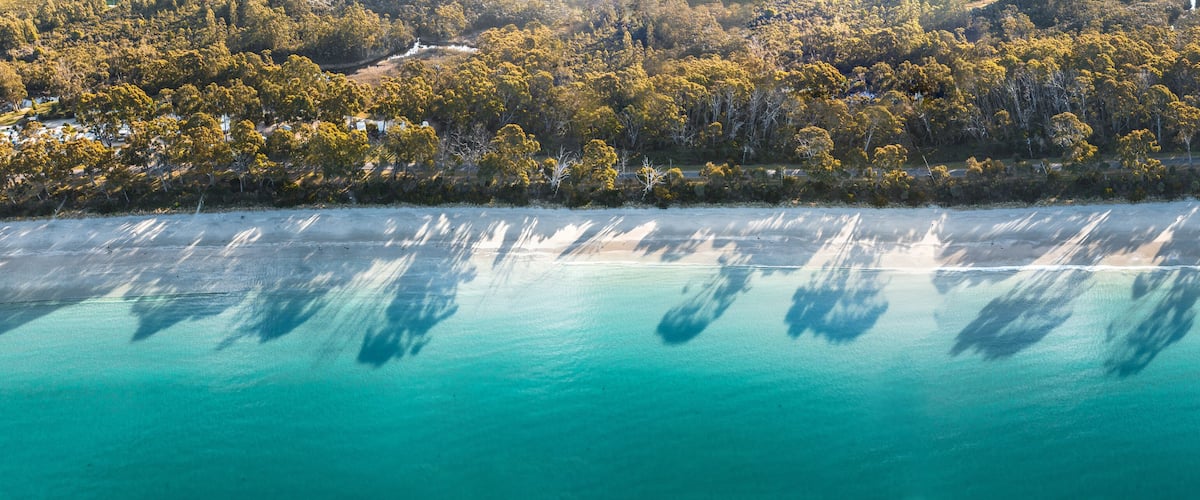 An aerial view of a coastal area with clear turquoise waters, dense forest, and scattered buildings.