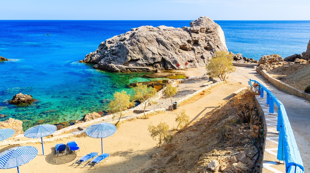Beautiful bay with beach in Ammopi village on sea coast of Karpathos island, Greece