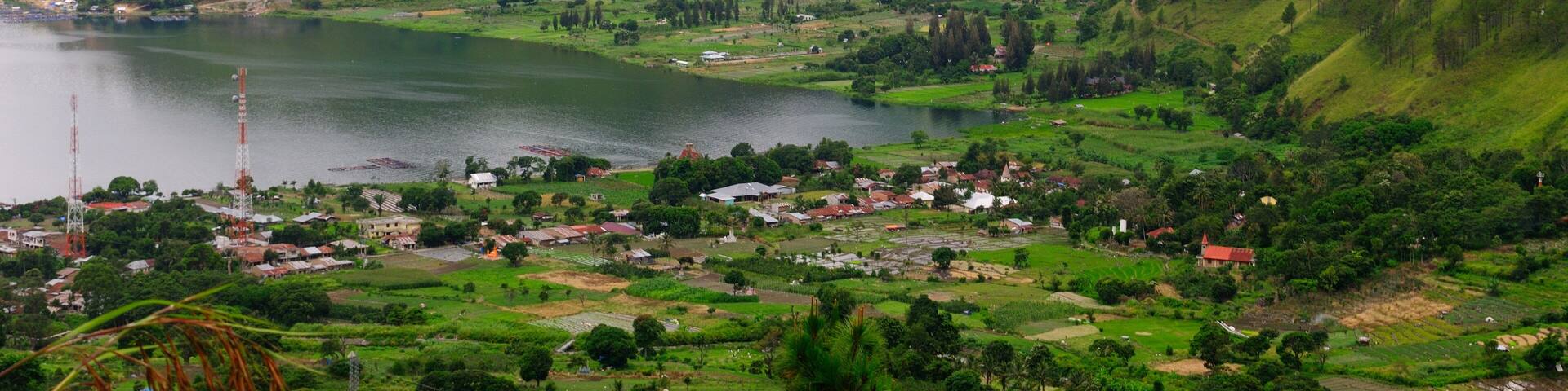 Aerial view of Tongging, a village on the lakeside of Toba Lake in North Sumatra, Indonesia.