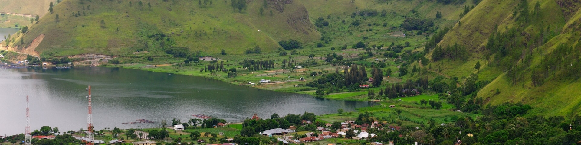 Aerial view of Tongging, a village on the lakeside of Toba Lake in North Sumatra, Indonesia.