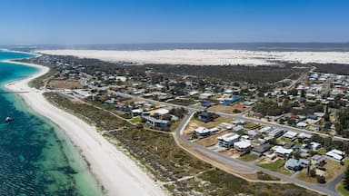 Aerial view of the small town of Lancelin in Western Australia, famous for the turquoise clear waters and sand dunes behind the town which can be surfed