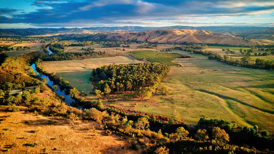 A river winding through a valley with rolling hills and dense forests.