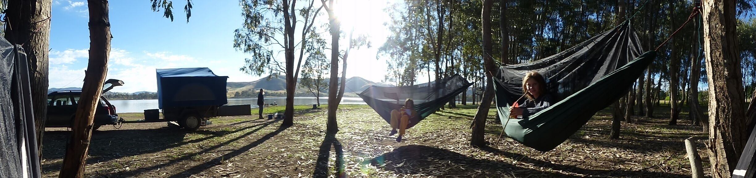 Camping out in our hammocks on the edge of Lake Eildon, Bonnie Doon Victoria.
This are aid popular for fishing and water sports, it is also somewhat 'famous' as being the place where the Aussie movie 'The Castle' was filmed. The holiday house used by the 'Kerrigan's' is just across the road a from our camping spot!