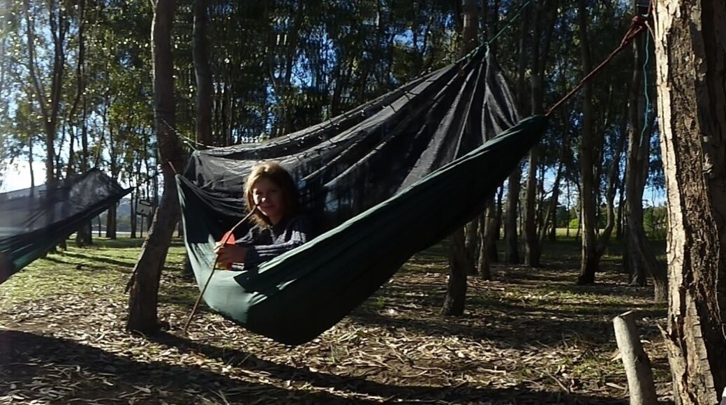 Camping out in our hammocks on the edge of Lake Eildon, Bonnie Doon Victoria.
This are aid popular for fishing and water sports, it is also somewhat 'famous' as being the place where the Aussie movie 'The Castle' was filmed. The holiday house used by the 'Kerrigan's' is just across the road a from our camping spot!