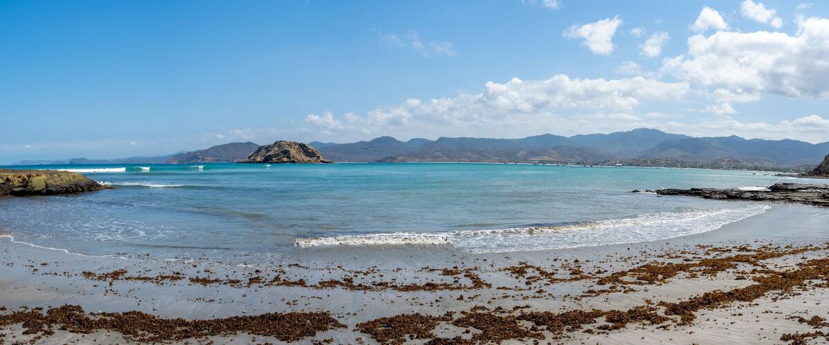 A beach with scattered seaweed, calm turquoise waters, rocky cliffs, and distant mountains under a clear sky.