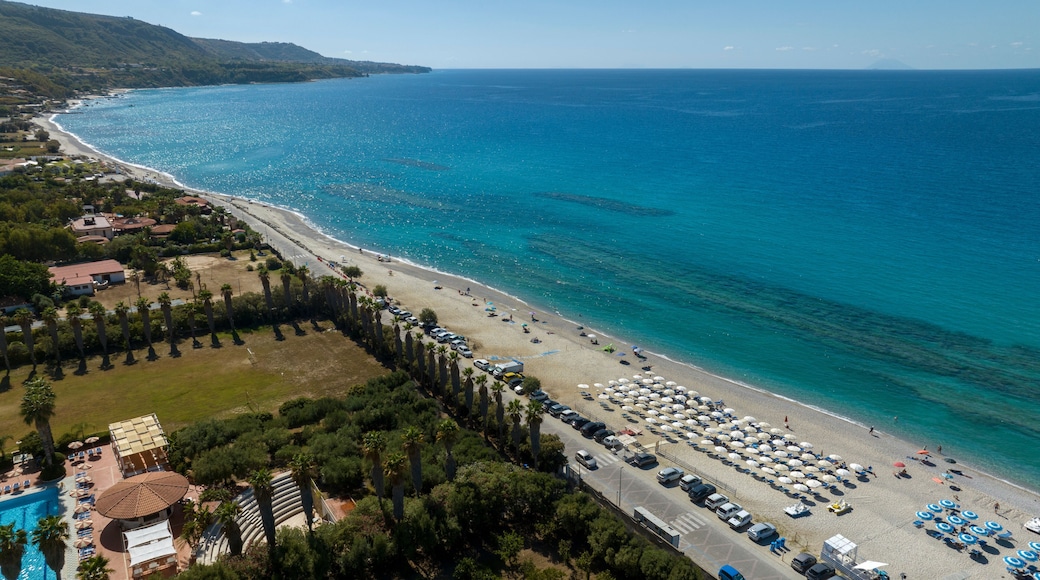 Aerial view of Zambrone Beach, located near Tropea, in province of Vibo Valentia, Calabria, southern Italy. This beautiful coastline overlooking the Tyrrhenian Sea is known as the Coast of the Gods.