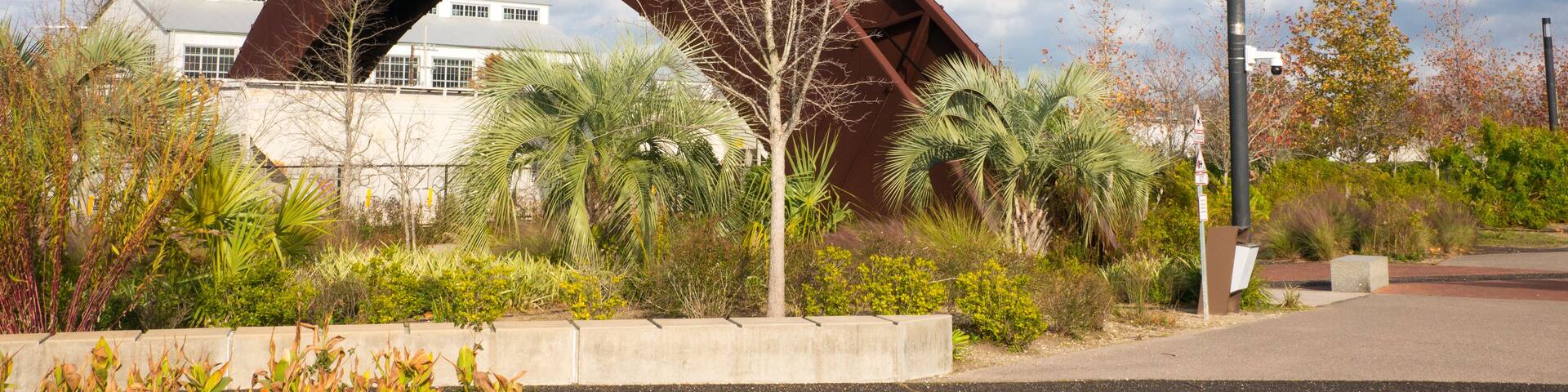 A large metal arch bridge, palm trees, and a building in the background.