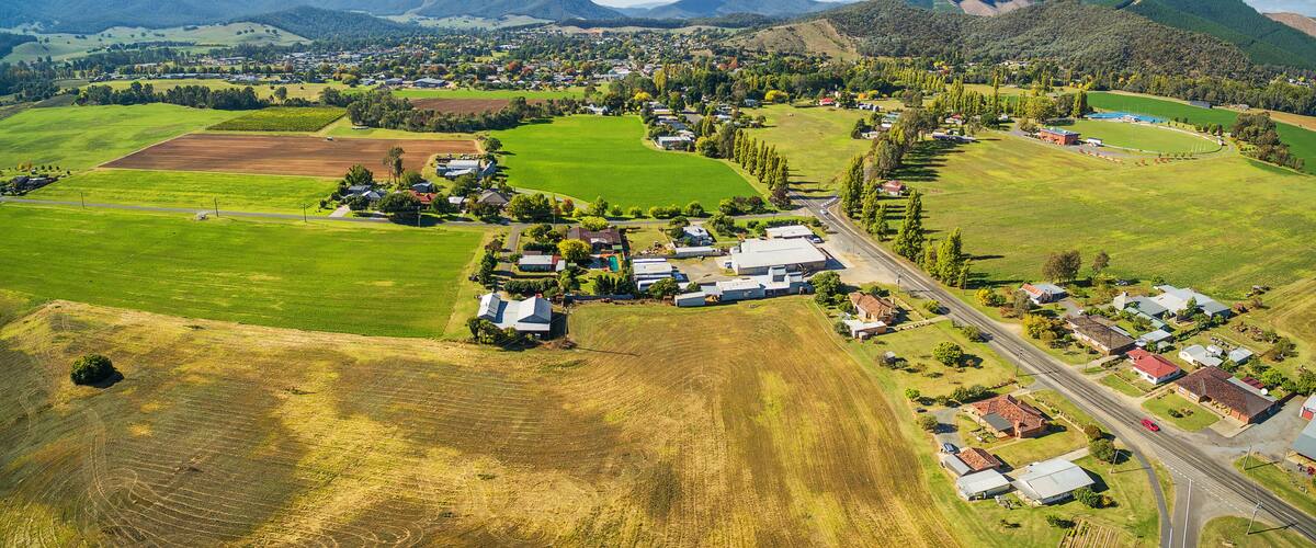 Agricultural fields in Australian countryside aerial panorama. Myrtleford, Victoria, Australia, Shutterstock ID 631954796, Purchase Order: -