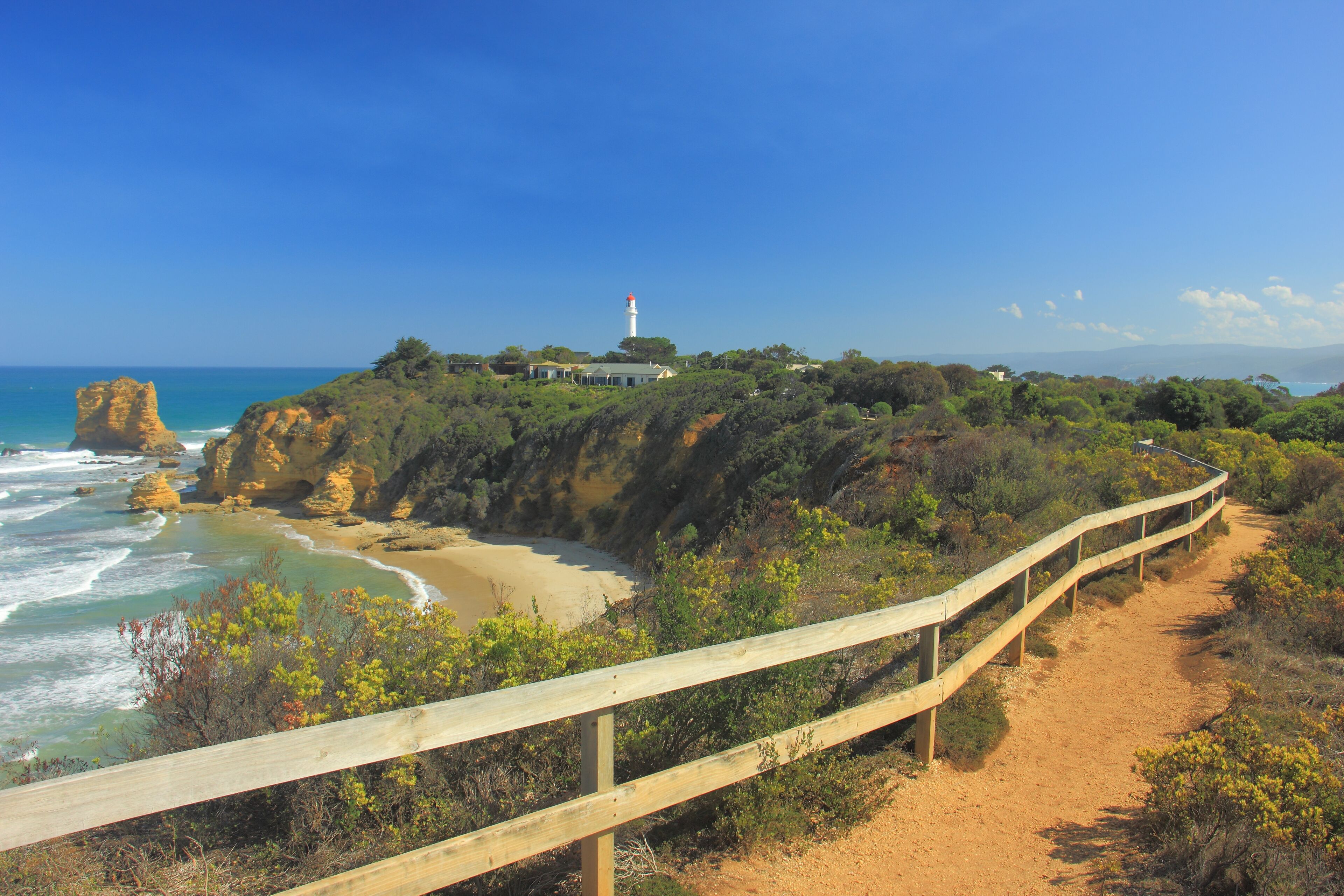 Walking path along the cliff edge at Split Point foreshore with its iconic 1891 lighthouse in Aireys Inlet which along the route of the Great Ocean Road, Australia., Shutterstock ID 1055712224, Purcha