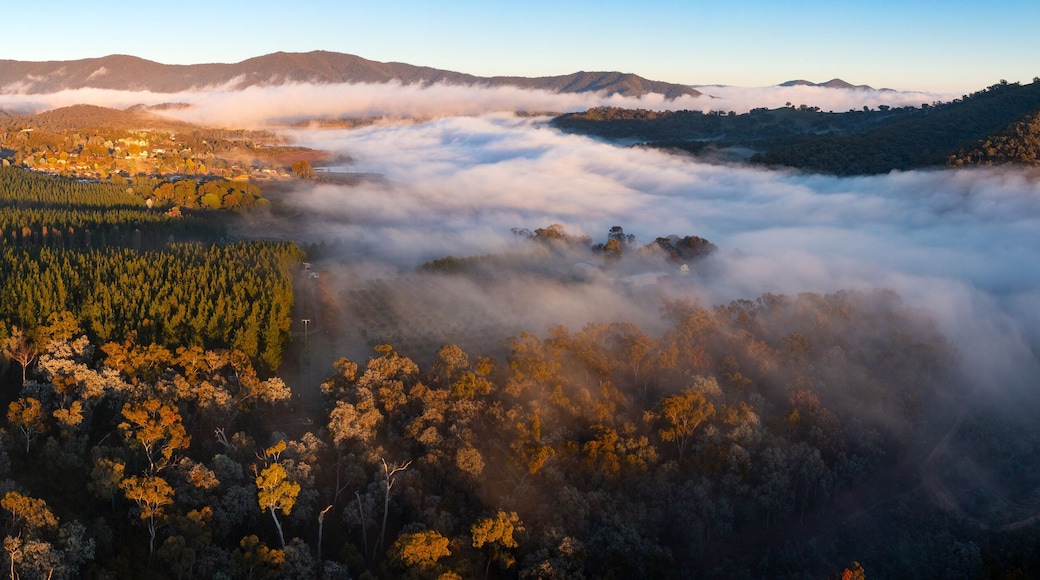 Aerial panorama of fog filling a valley below a distant mountain range