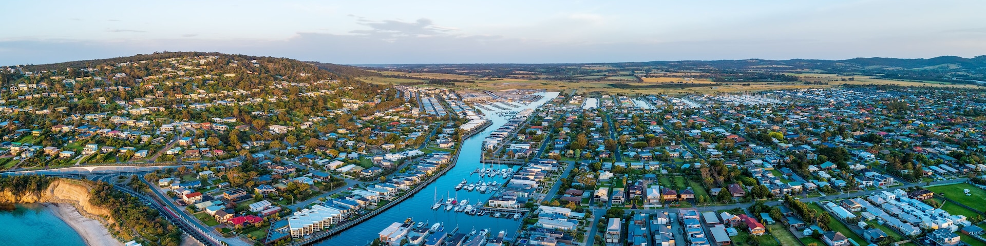 Aerial panorama of luxury coastal suburb on Mornington Peninsula. Safety Beach, Melbourne, Australia
