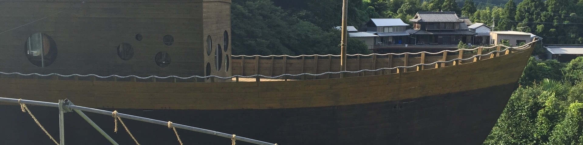 In the heart of Japanese countryside and mountains, it's a surprise to find this enormous wooden boat. But you'll get great valley views from it