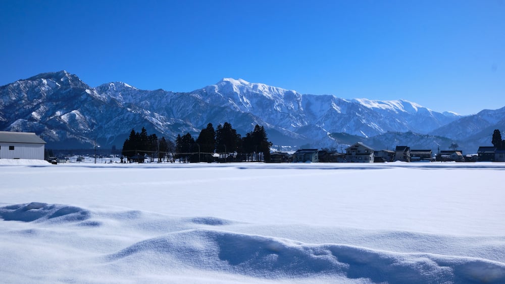 Sunny snow country town and snow scene, Niigata, Japan