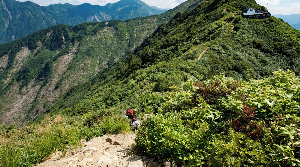Mount Hakkai's 1,707m peak and Senbonhinoki Hutte as seen from Yakushi-dake peak.