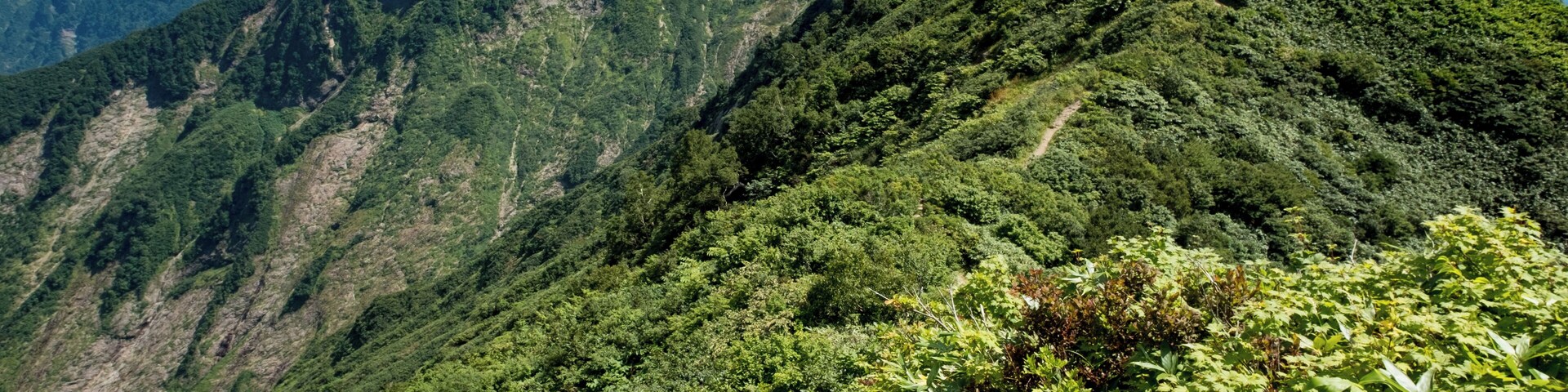Mount Hakkai's 1,707m peak and Senbonhinoki Hutte as seen from Yakushi-dake peak.