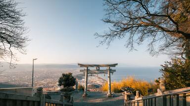 View of a Torii gate standing majestically against the backdrop of the sea and clear blue sky, framed by bare tree branches, Kanonji, Kagawa, Japan.