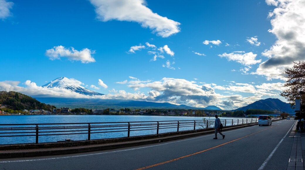 Panorama image of mountain Fuji and Lake Kawaguchi(Fujikawaguchiko-machi)with blue sky on evening time.