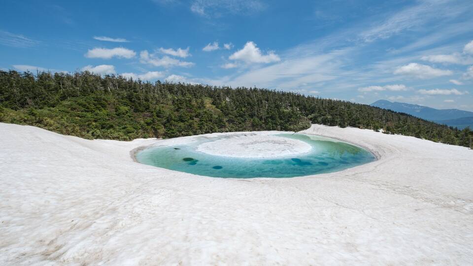 A glacial lake surrounded by a forested mountain range.