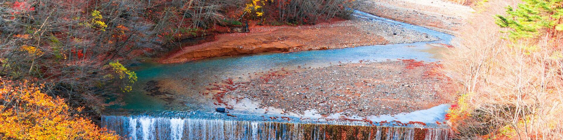 A waterfall surrounded by autumn foliage.