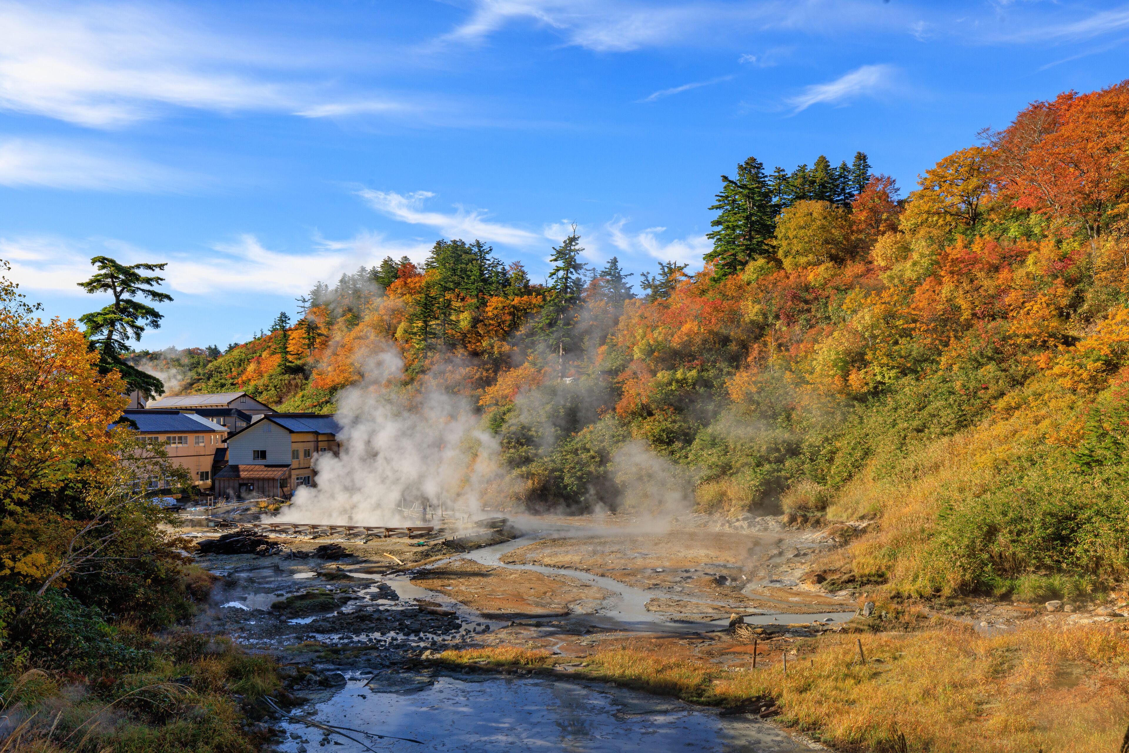 A geothermal area with steam vents, a river, and autumn-colored trees.