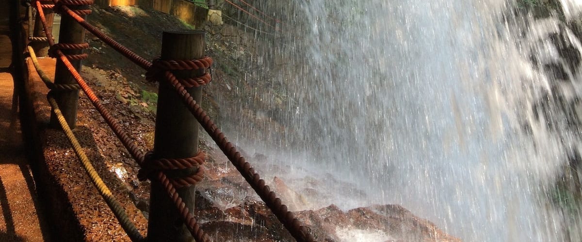 Very exciting view behind a waterfall, Kaminaridaki