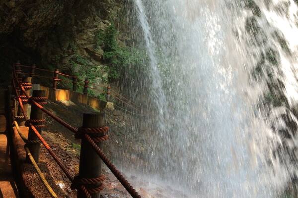 Very exciting view behind a waterfall, Kaminaridaki
