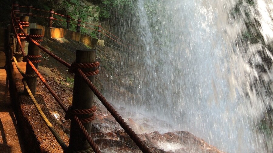 Very exciting view behind a waterfall, Kaminaridaki