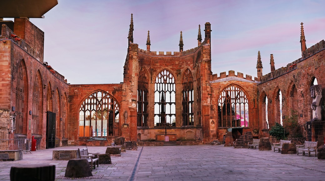 Twilight photo of Coventry Cathedral which was bombed by Germans in Second World War.