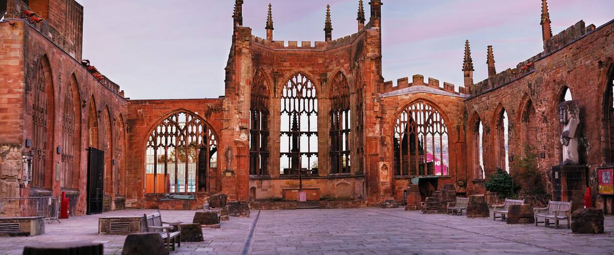 Twilight photo of Coventry Cathedral which was bombed by Germans in Second World War.