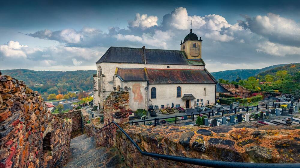 Panoramic morning view of Catholic parish church of St. Gertrude. Wonderful autumn cityscape of Gars am Kamp, Austria, Europe. Traveling concept background.