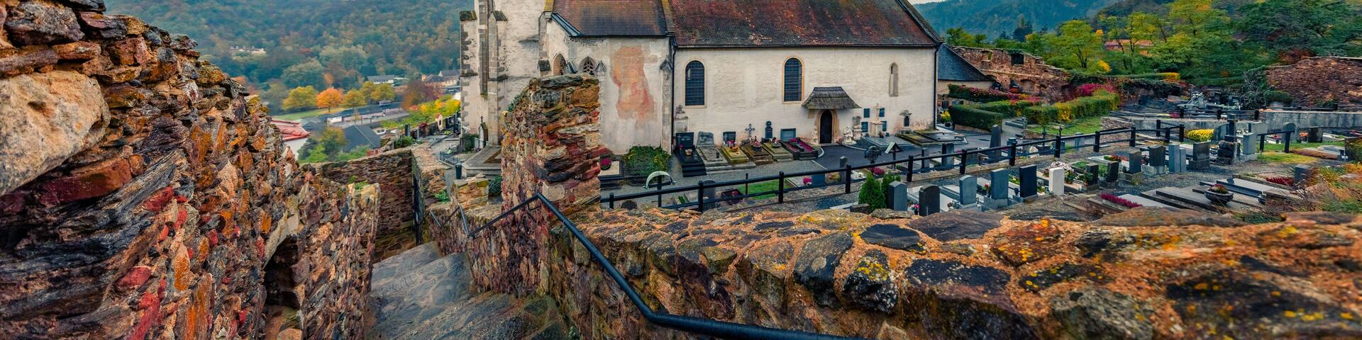 Panoramic morning view of Catholic parish church of St. Gertrude. Wonderful autumn cityscape of Gars am Kamp, Austria, Europe. Traveling concept background.