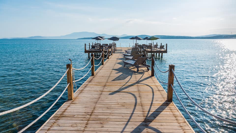 Cesme, Turkey - June 17, 2017 : Ilica Beach view in June. Ilica Beach is popular tourist destination in Turkey.