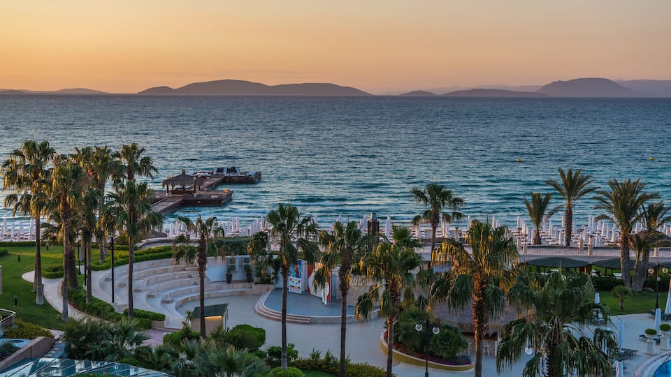 Cesme, Turkey - Ilica Beach view at sunset. Ilica Beach is popular tourist destination in Turkey.