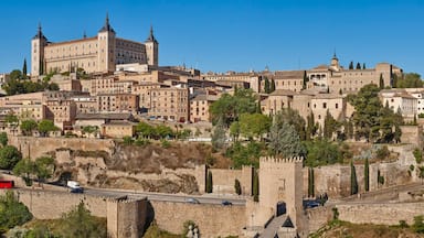 A historic city with a prominent castle on a hill, surrounded by ancient walls and a winding road.