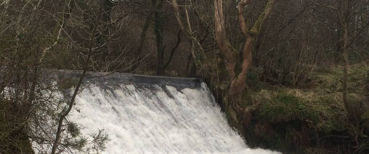 A waterfall cascading over a rocky dam surrounded by trees.