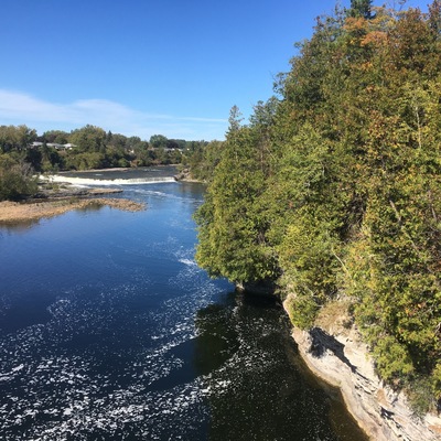 Right next to the Trent Severn Waterway and downtown Campbellford. There are two cute red Muskoka chairs nearby overlooking the water