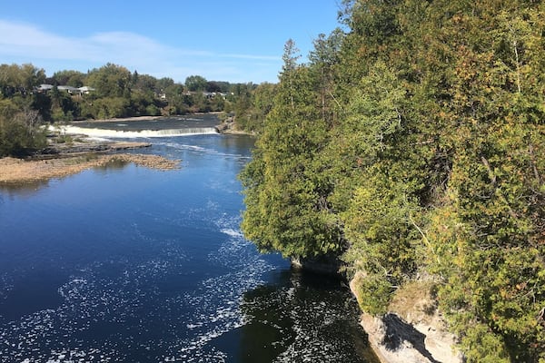 Right next to the Trent Severn Waterway and downtown Campbellford. There are two cute red Muskoka chairs nearby overlooking the water