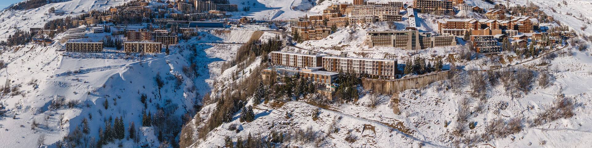 Orcieres-Merlette ski resort in winter (aerial view). Champsaur Valley in Hautes-Alpes, French Alps, France