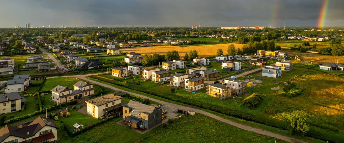 Cityscape Marupe city, thunderstorm, rainbow. Artistic wallpaper. Beauty of earth. Storm,