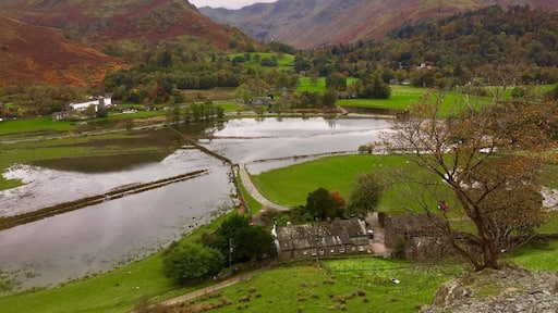 Looking down to Side Farm and Glenridding after two days of heavy rain. Ullswater flooded.