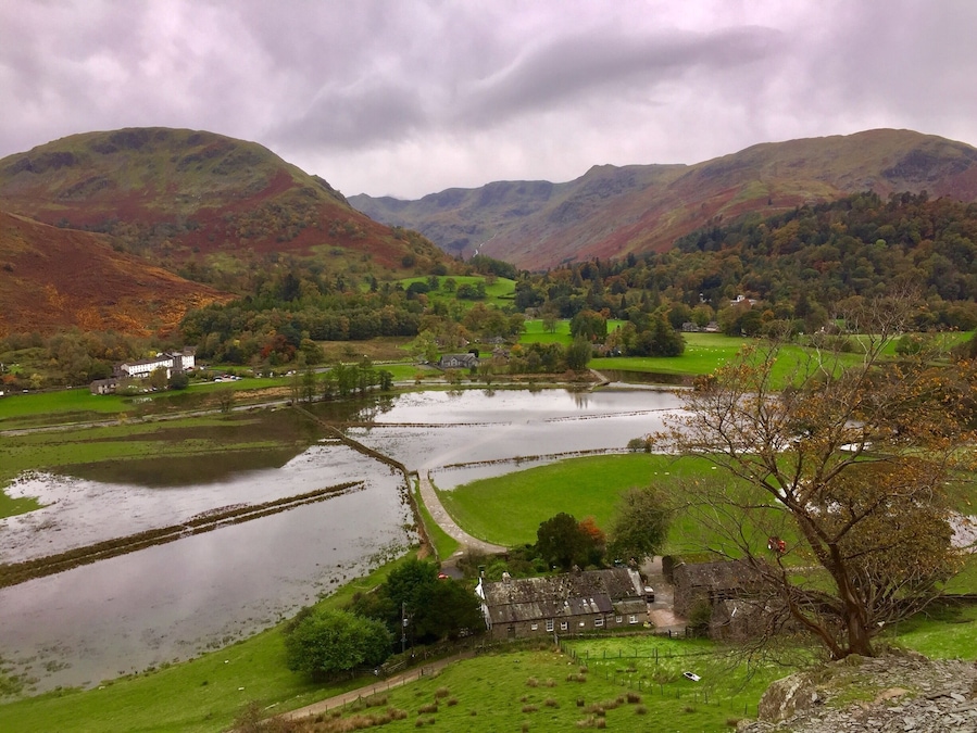 Looking down to Side Farm and Glenridding after two days of heavy rain. Ullswater flooded.