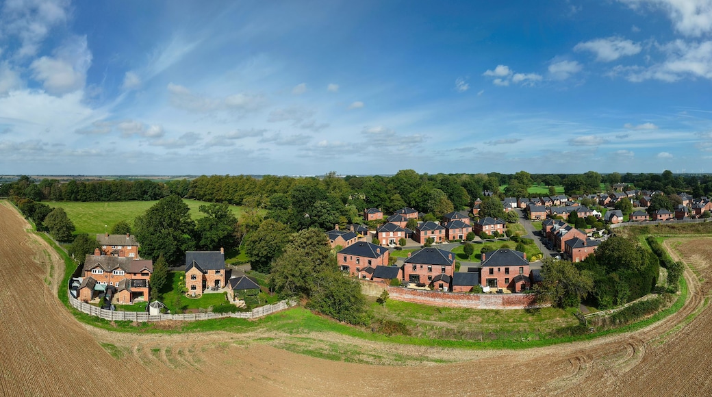 Un quartier résidentiel avec des maisons, des champs et un ciel dégagé.