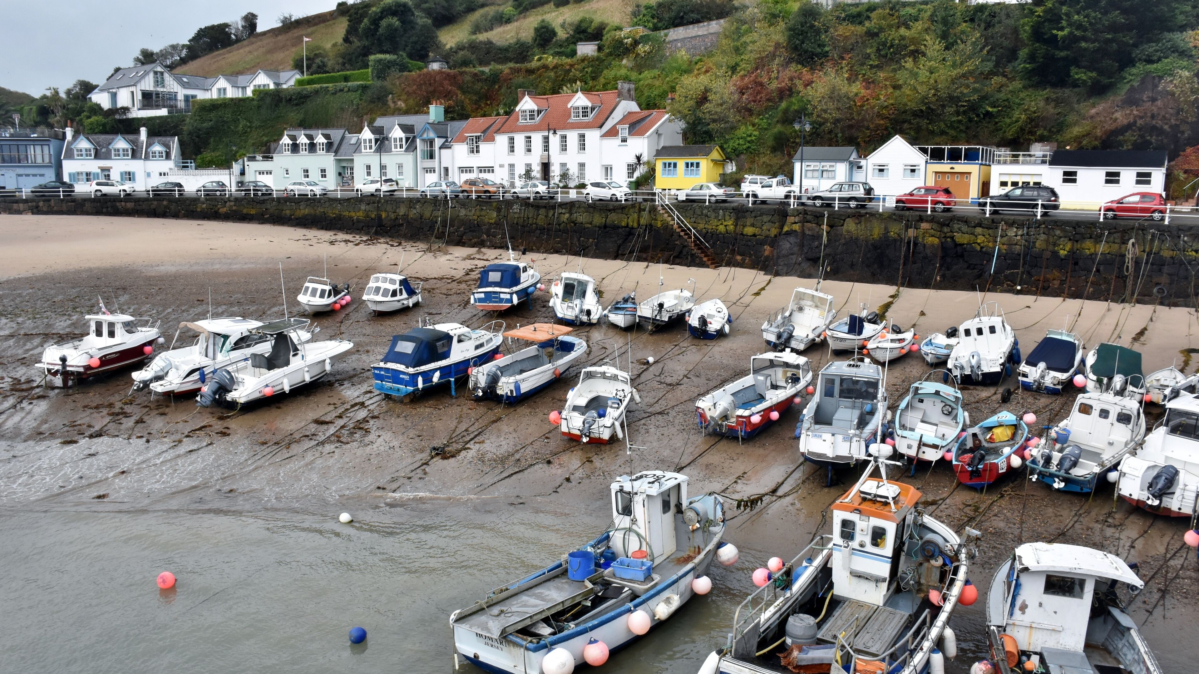A coastal village with colorful houses and a marina filled with small boats.
