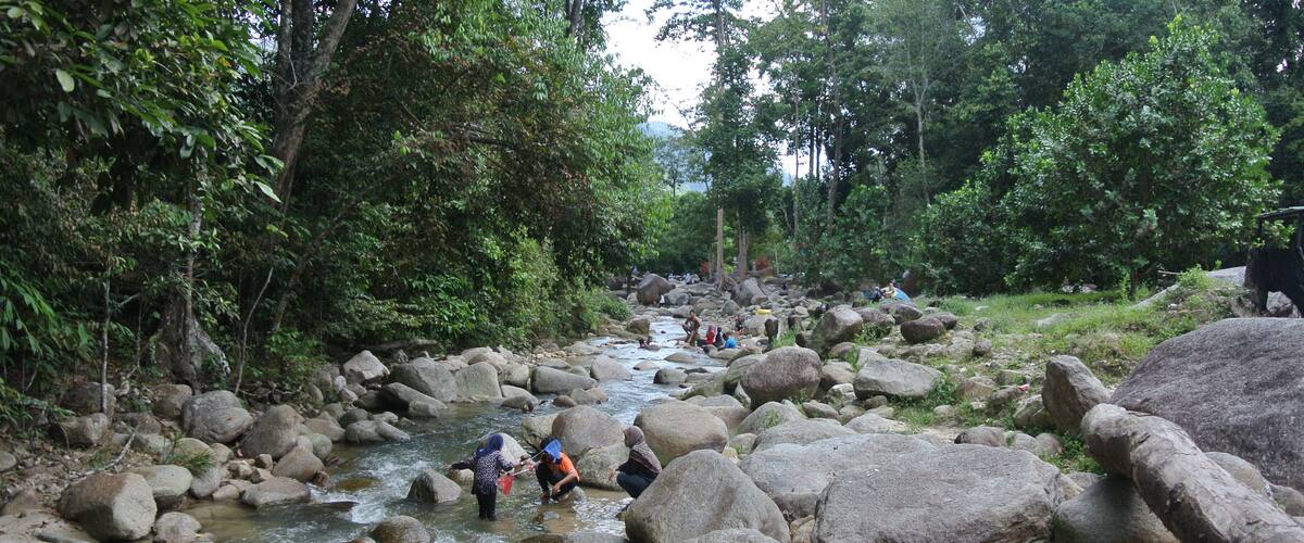 A rocky river with people wading through it surrounded by dense greenery.